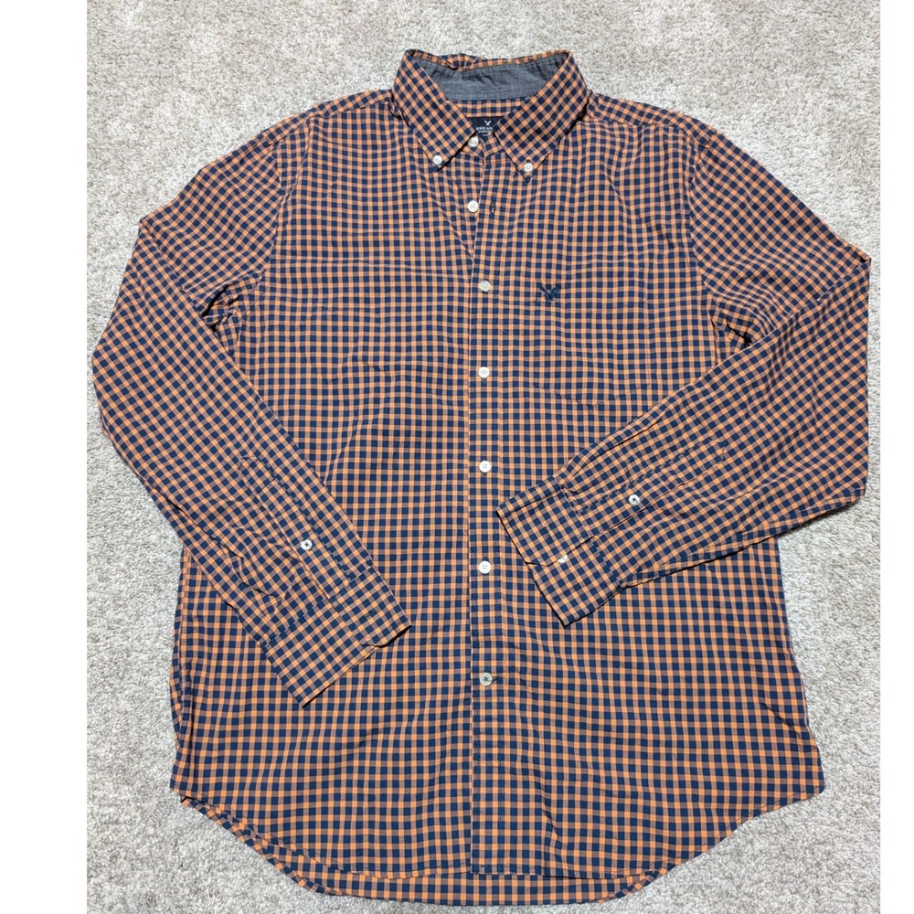 American Eagle Men's Classic Fit Gingham Button Down Shirt Orange Navy L